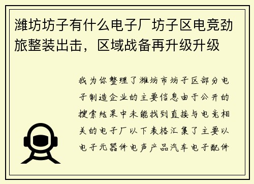潍坊坊子有什么电子厂坊子区电竞劲旅整装出击，区域战备再升级升级