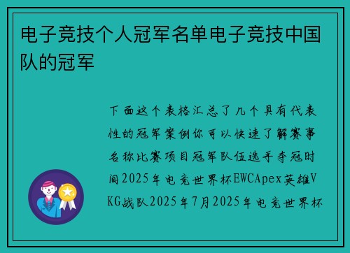 电子竞技个人冠军名单电子竞技中国队的冠军